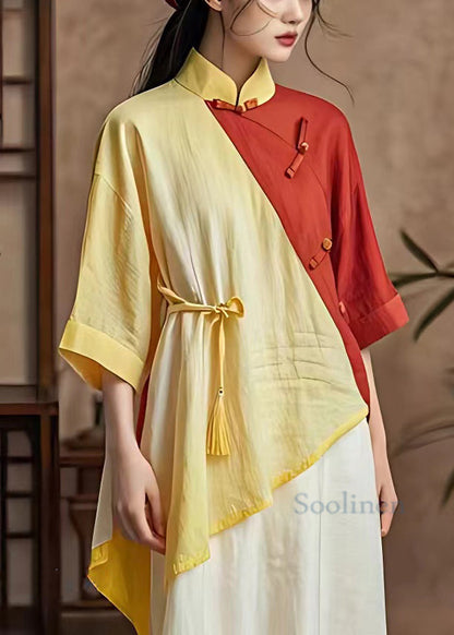 Chinese Style Pink Asymmetrical Button Cotton Blouses Half Sleeve