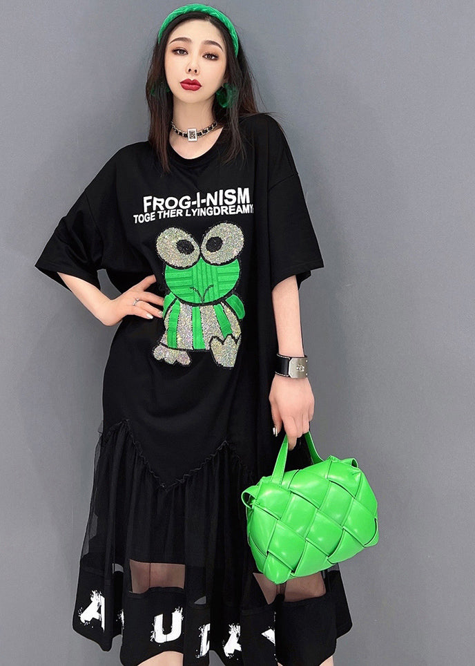 Black Patchwork Tulle Diamonds Cotton Sweatshirt Dress Short Sleeve