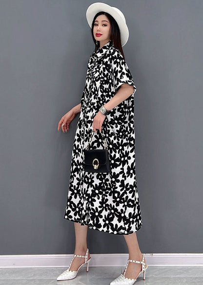 Black Print Cotton Long Dresses Turn-down Collar Short Sleeve