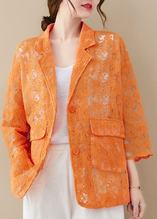 Italian Orange Button Peter Pan Collar Lace Coats Long Sleeve