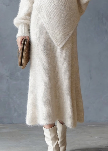 Beige Asymmetrical Cotton Knit Sweaters and Maxi Skirts Two Pieces Set Spring