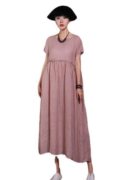 Pink O-neck Pockets Cotton Dress Short Sleeve