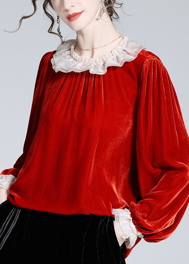 Loose Red Ruffled Patchwork Silk Velour Top Butterfly Sleeve