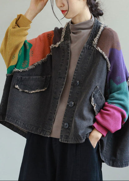 Unique Blue Denim Patchwork Knit Pockets Button Fall Coat Long Sleeve