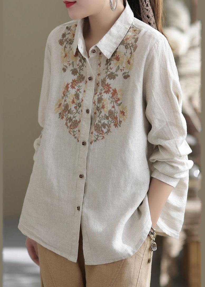 Beige Peter Pan Collar Embroideried Linen Top Spring