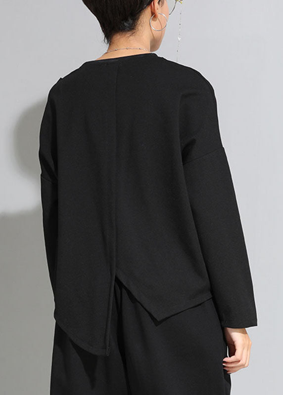 French Black O-neck Pockets Asymmetrical Fall Long Sleeve Tops