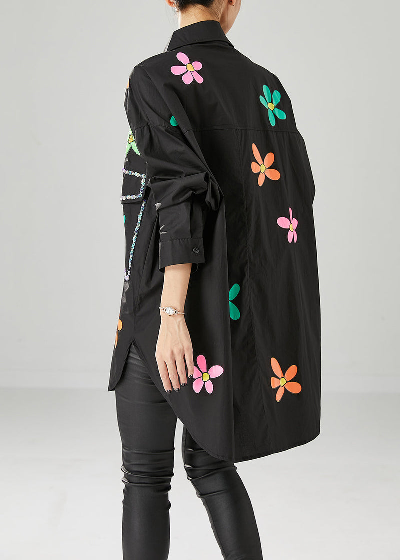 Black Oversized Sunflower Sequins Cotton Blouses Fall