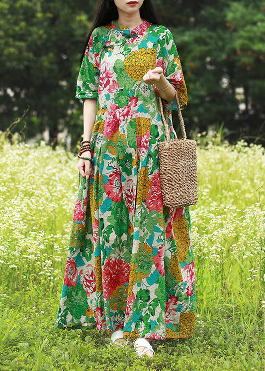 Green Mandarin Collar Cinched Print Maxi Dress Half Sleeve