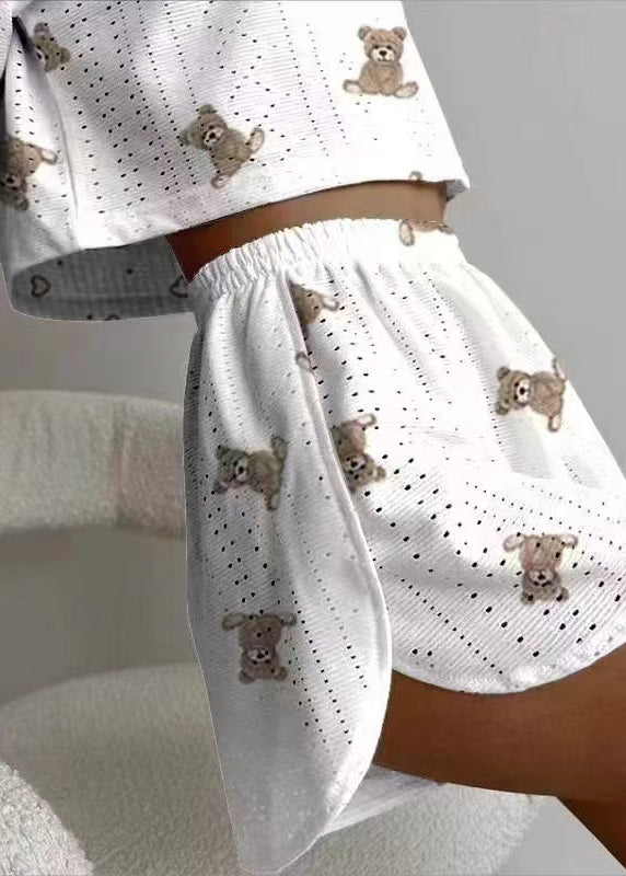 Art Hollow Out Print Cotton Pajamas Two Piece Set Summer