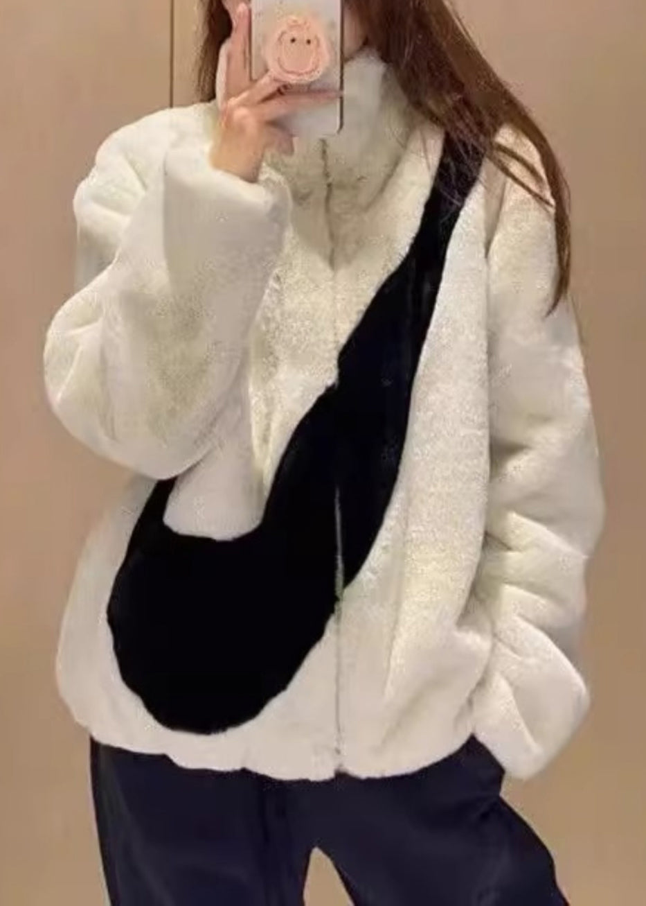 Apricot Stand Collar Zip Up Fuzzy Fur Fluffy Coat Spring