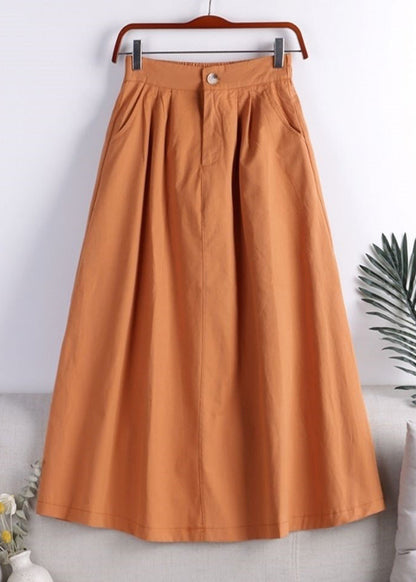 Orange Zippered Button Pockets Elastic Waist a Line Skirt Fall