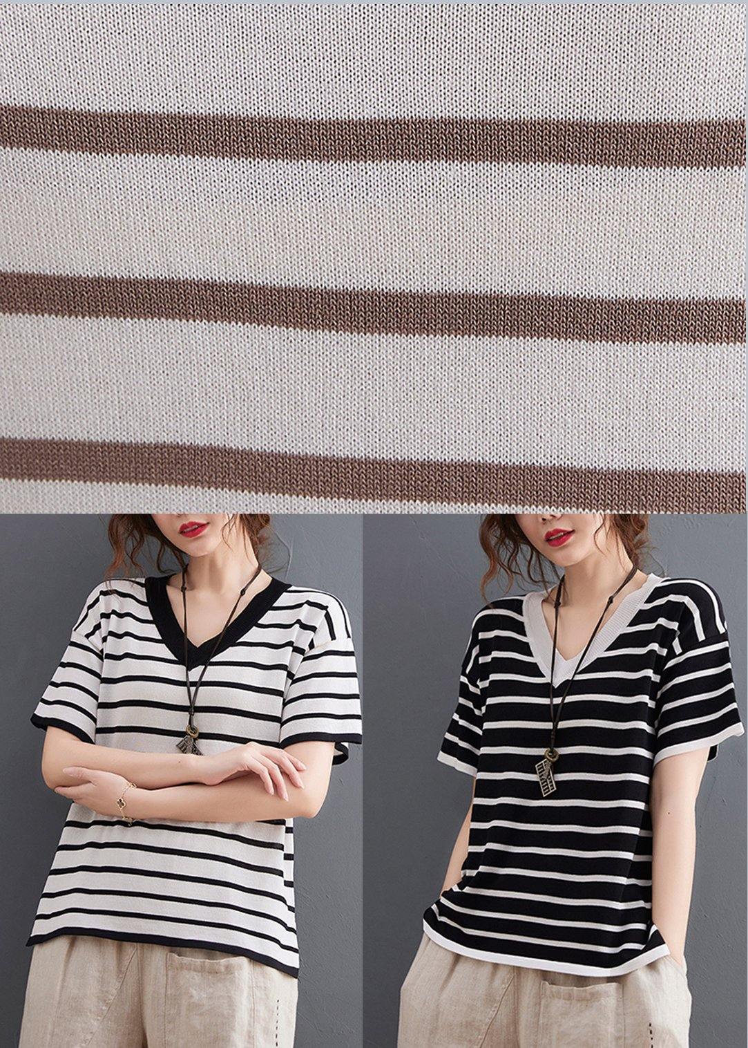 Khaki Striped Side Open Cotton Linen Summer Tops