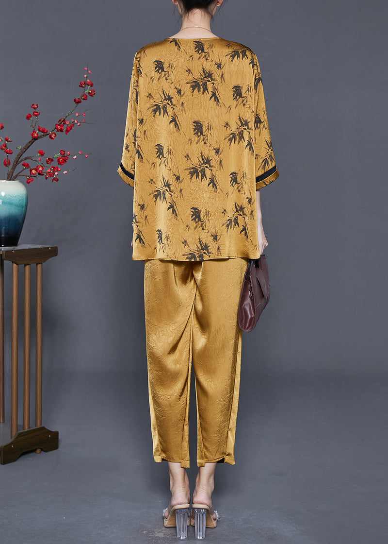 Yellow Print Silk Two Piece Suit Set Oversized Jacquard Summer