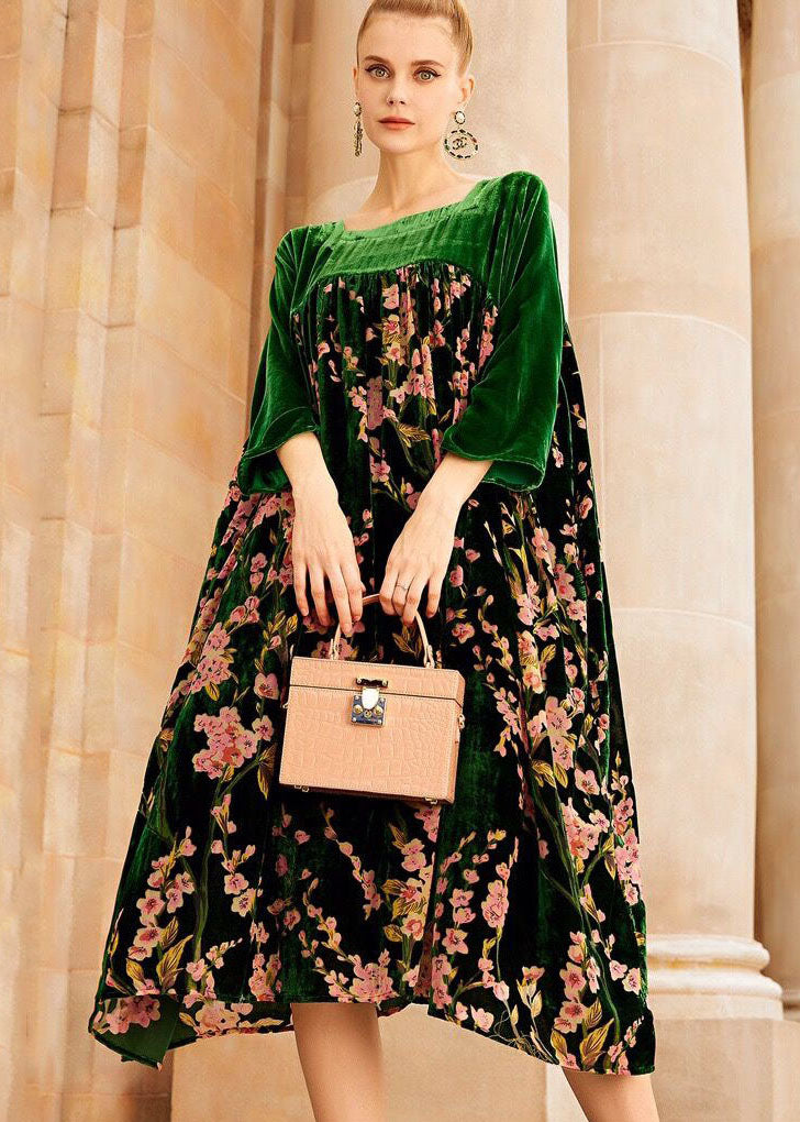 Unique Green O-neck Patchwork Print Silk Velour Long Dresses Bracelet Sleeve