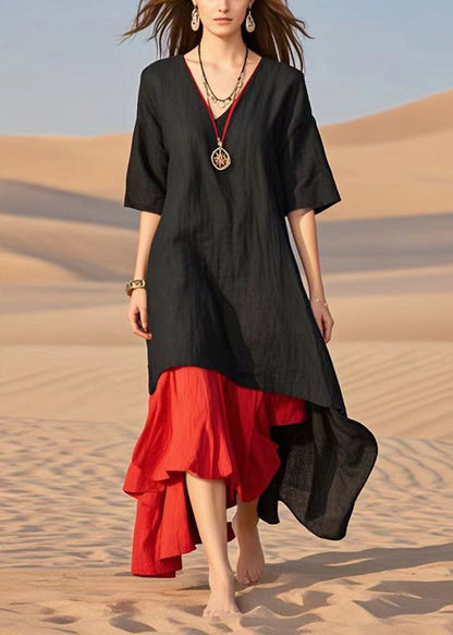 Diy Black Asymmetrical Patchwork Cotton Fake Two Piece Dresses Summer