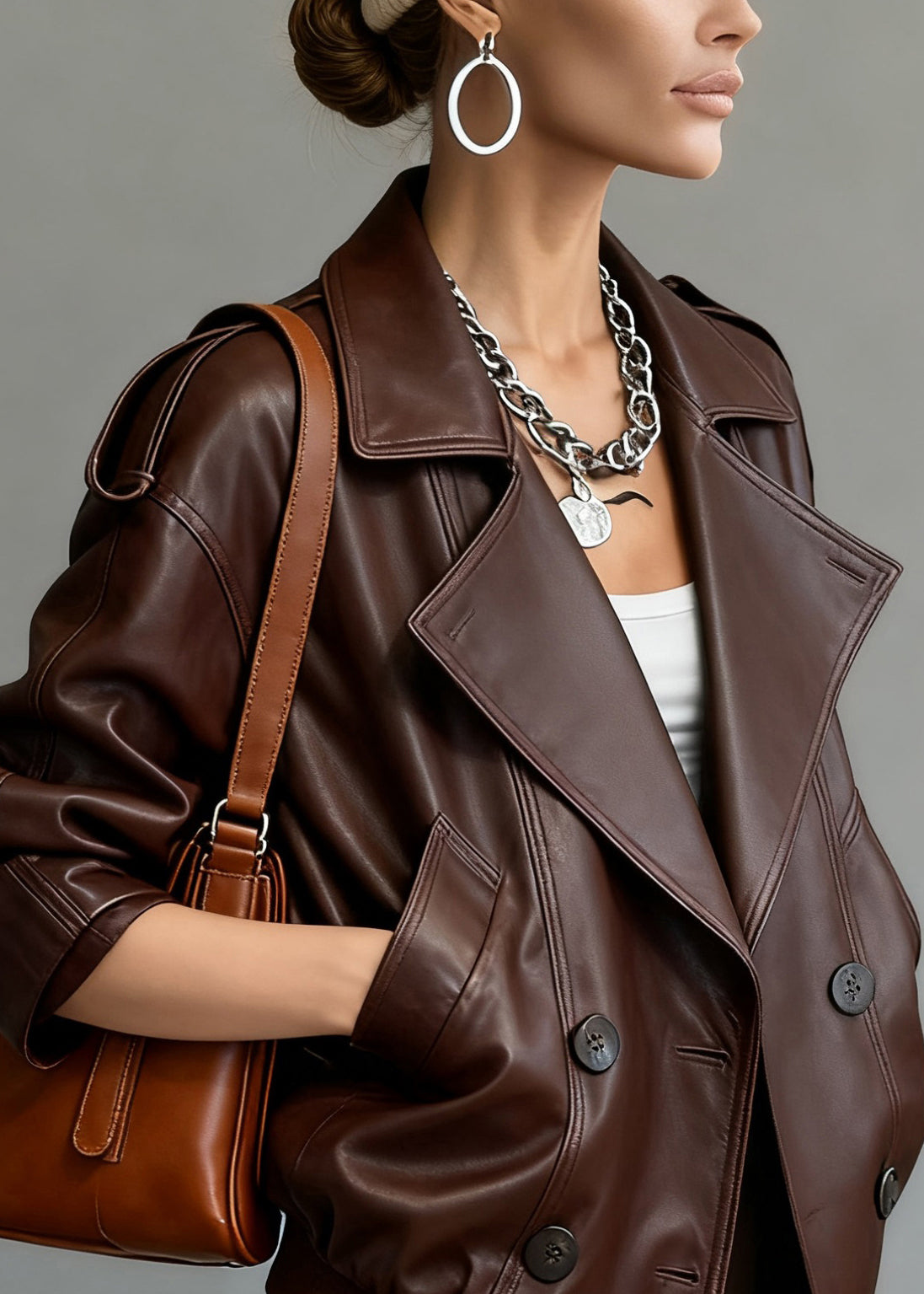 Fine Chocolate Peter Pan Collar Double Breast Sheepskin Jacket Spring