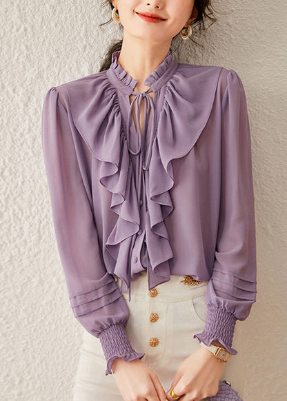 Purple Ruffled Patchwork Tie Lace Shirt Fall
