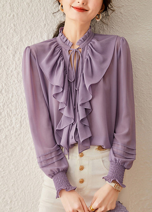 Purple Ruffled Patchwork Tie Lace Shirt Fall