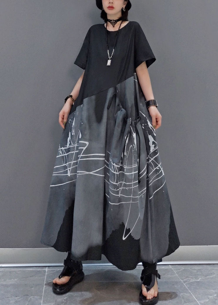 Italian Black Asymmetrical Drawstring Print Patchwork Ankle Dress Spring