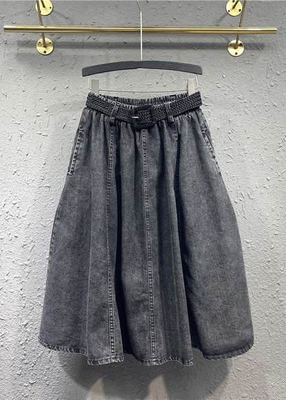 Black Gray Elastic Waist Pleated Pocket Denim Skirt Autumn