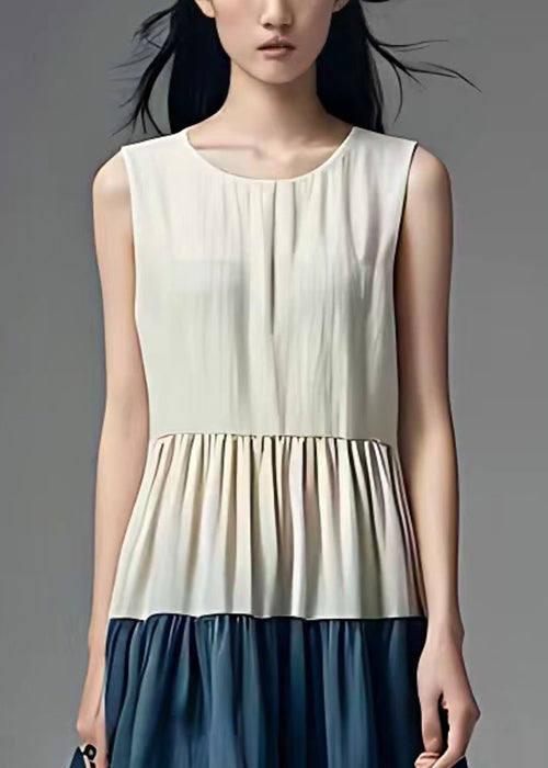 White O Neck Wrinkled Cotton Dresses Sleeveless