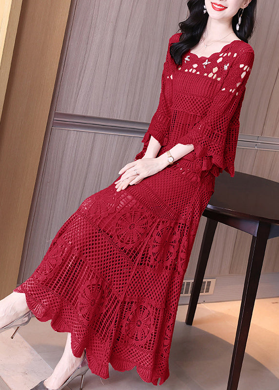 Loose Red Hollow Out Tops and Skirts Knit Two Pieces Set Flare Sleeve