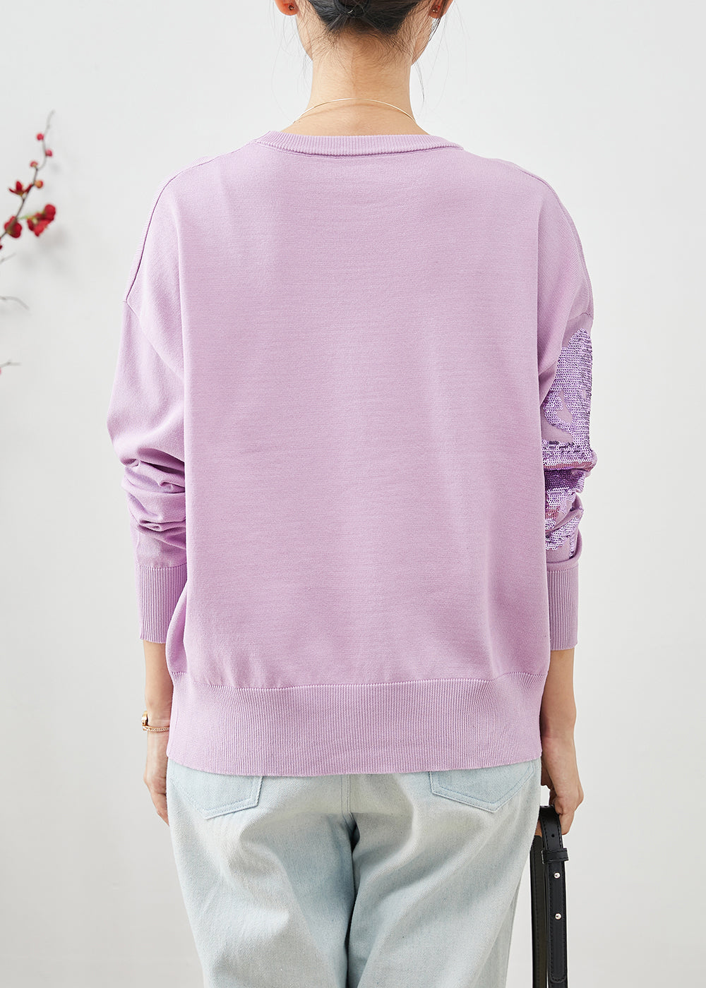Organic Purple Sequins O-neck Knit Sweater Winter