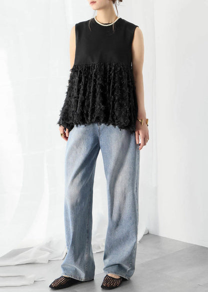 Black Patchwork Cotton a Line Tops Tasseled Sleeveless