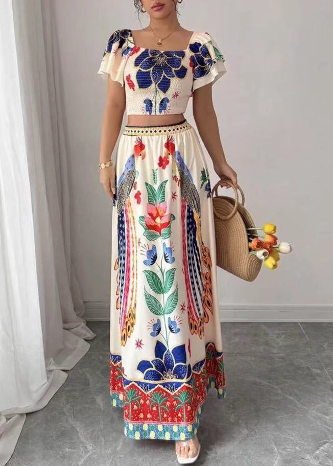 Square Collar Print Top and Maxi Skirts Two Piece Set Summer