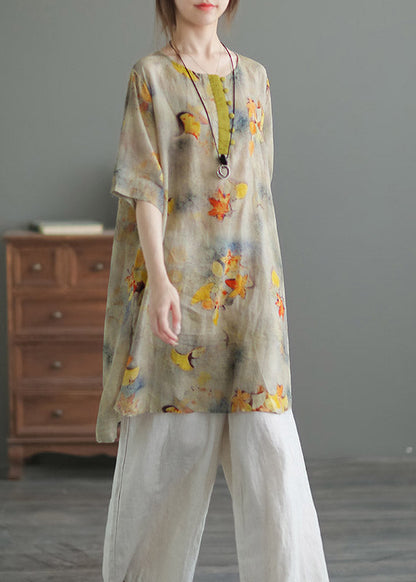 Yellow O-neck Print Button Side Open Linen Tops Half Sleeve
