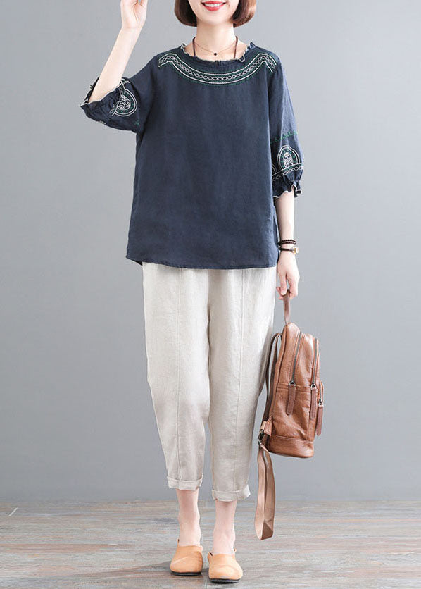 Navy Ruffled Embroideried Linen Tops and Crop Pants Two Piece Set Clothing Half Sleeve