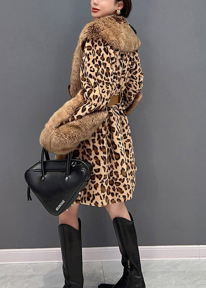 Leopard Fur Collar Print Patchwork Button Tie Waist Mink Velvet Leather and Fur Thick Coats Winter