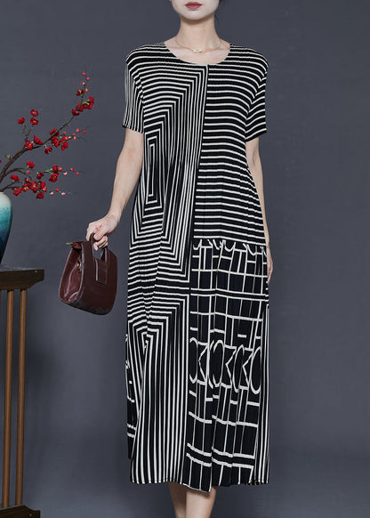 Black Striped Wrinkled Chiffon Long Dresses Summer