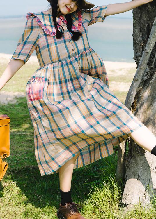 Plaid Ruffled Button Puff Sleeve Summer Cotton Dresses