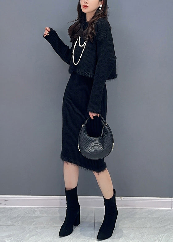 Slim Fit Black O Neck Patchwork Tops and Waistcoat Dress Knit Two Piece Set Fall