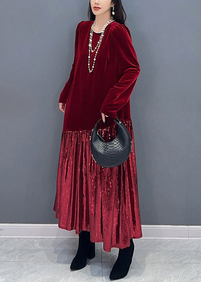 New Red Patchwork Silk Velour Long Dress Long Sleeve