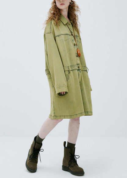 Yellow Green Peter Pan Collar Denim Jumpsuit Long Sleeve
