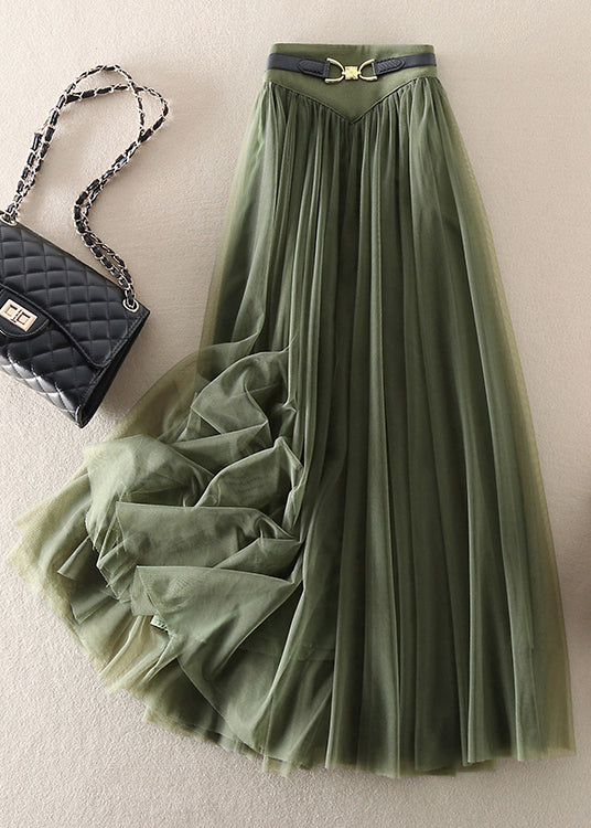 Green Wrinkled Elastic Waist Patchwork Tulle Skirts Spring