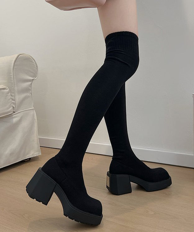 New Grey Knit Fabric Splicing Chunky Heel Knee Boots