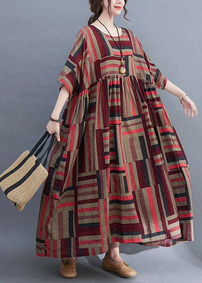 Red O-neck Wrinkled Loose Holiday Dress Short Sleeve