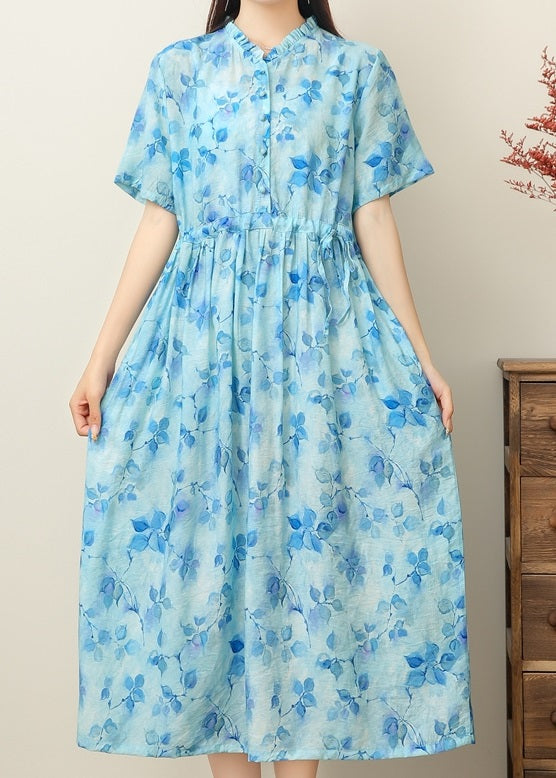 Pink Print Ruffled Patchwork Drawstring Silk Linen Long Dress Short Sleeve