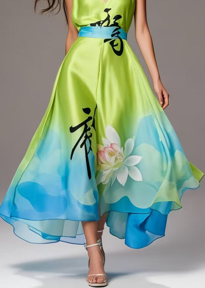 Grass Green Print Exra Large Hem Silk Party Dress Summer