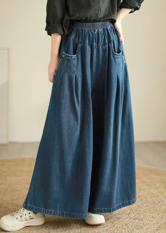 Denim Blue Pockets Elastic Waist Flare Pants Fall