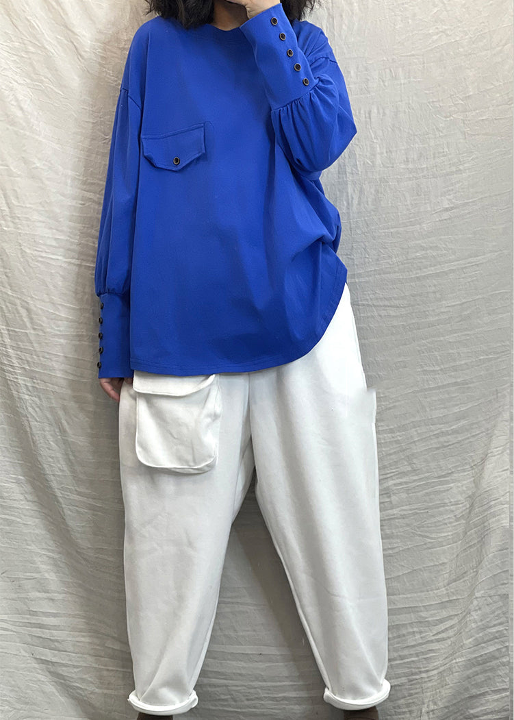 Blue O-neck Button Cotton Loose Sweatshirt Long Sleeve