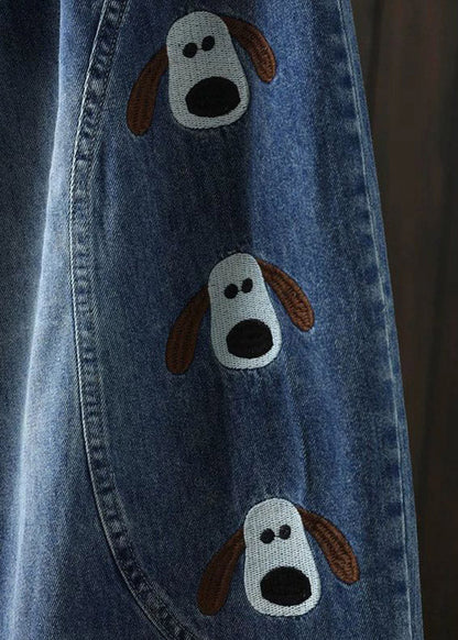 Blue Elastic Waist Pockets Print Crop Jeans