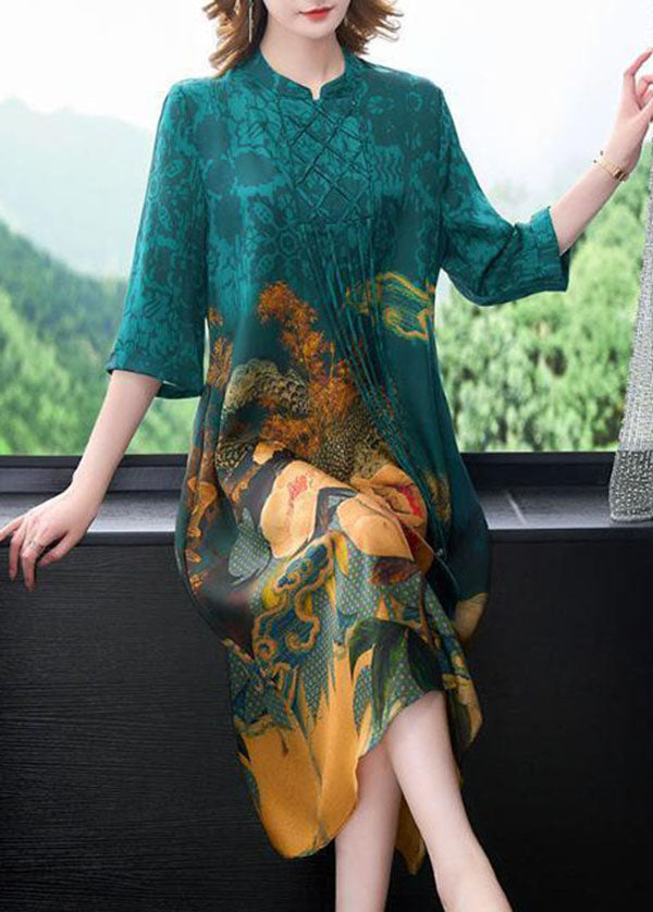 Blue Stand Collar Print Tassel Silk Long Dress Half Sleeve