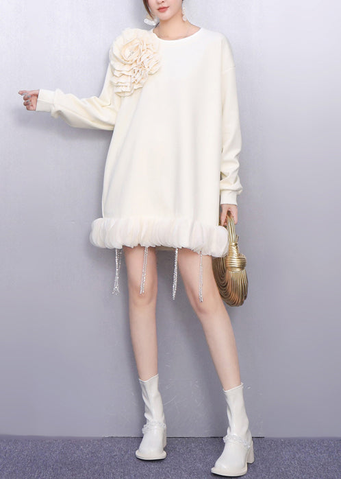 White Decorated Cotton Day Dress Tasseled Spring