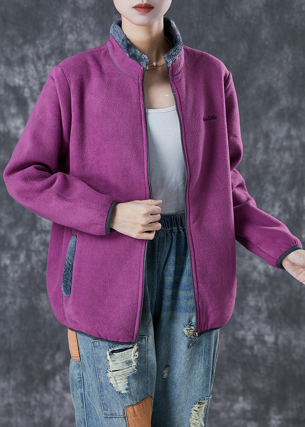 Purple Warm Fleece Jackets Embroideried Winter