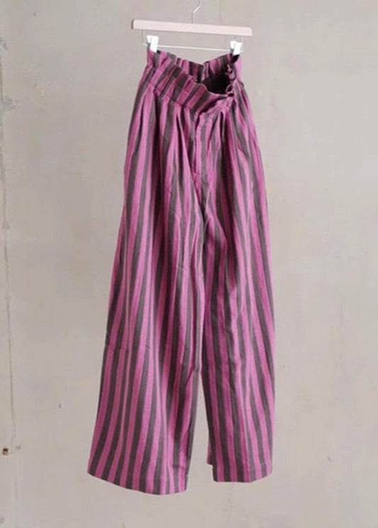 Purple Striped Elastic Waist Cotton Wide Leg Pants Summer
