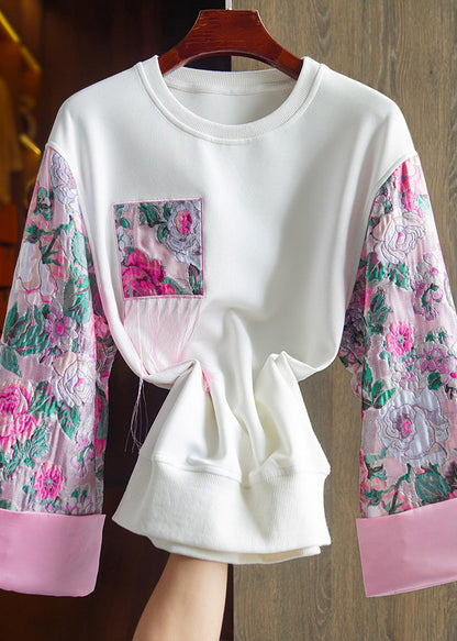 Casualn White O-neck Embroideried Cotton Sweatshirt Fall